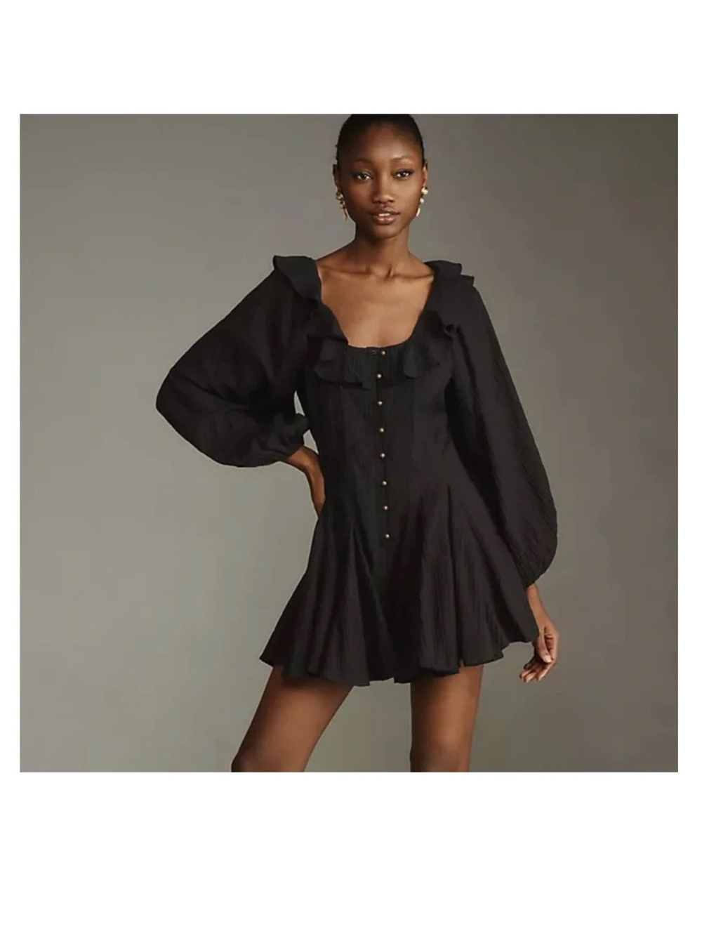 Pilcro Black Ruffle-Trim Button Front Romper Size 12 Flowy Witchy